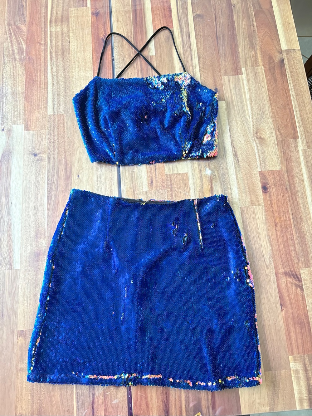 Two Piece Set Blue Reversible Sequin Fitted Mini Skirt & Crop Halter Top Lace Up